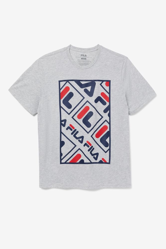 grey and red graphic tee