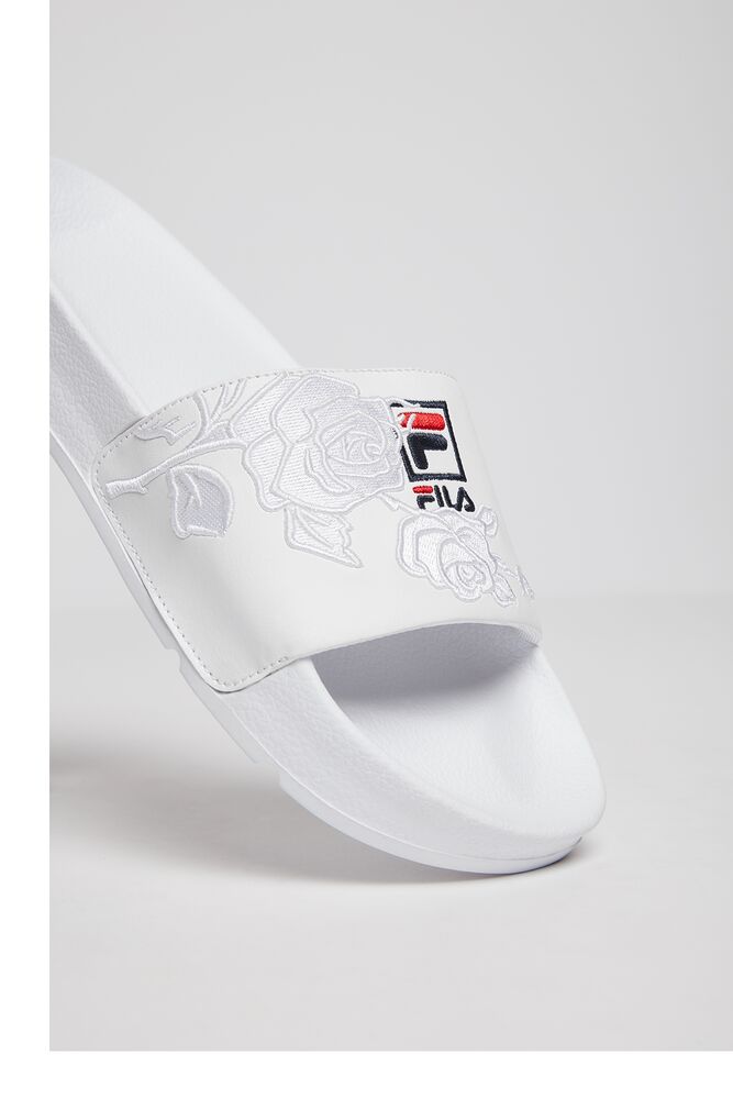 fila womens drifter rose embroidered white slide sandals